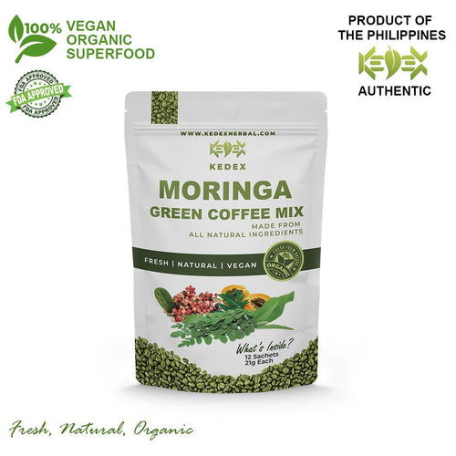 100% All Natural Malunggay Green Coffee Bean Powder Mix with Stevia Wild Honey Organic Non-GMO- 12 21g Sachets - KEDEX HERBAL
